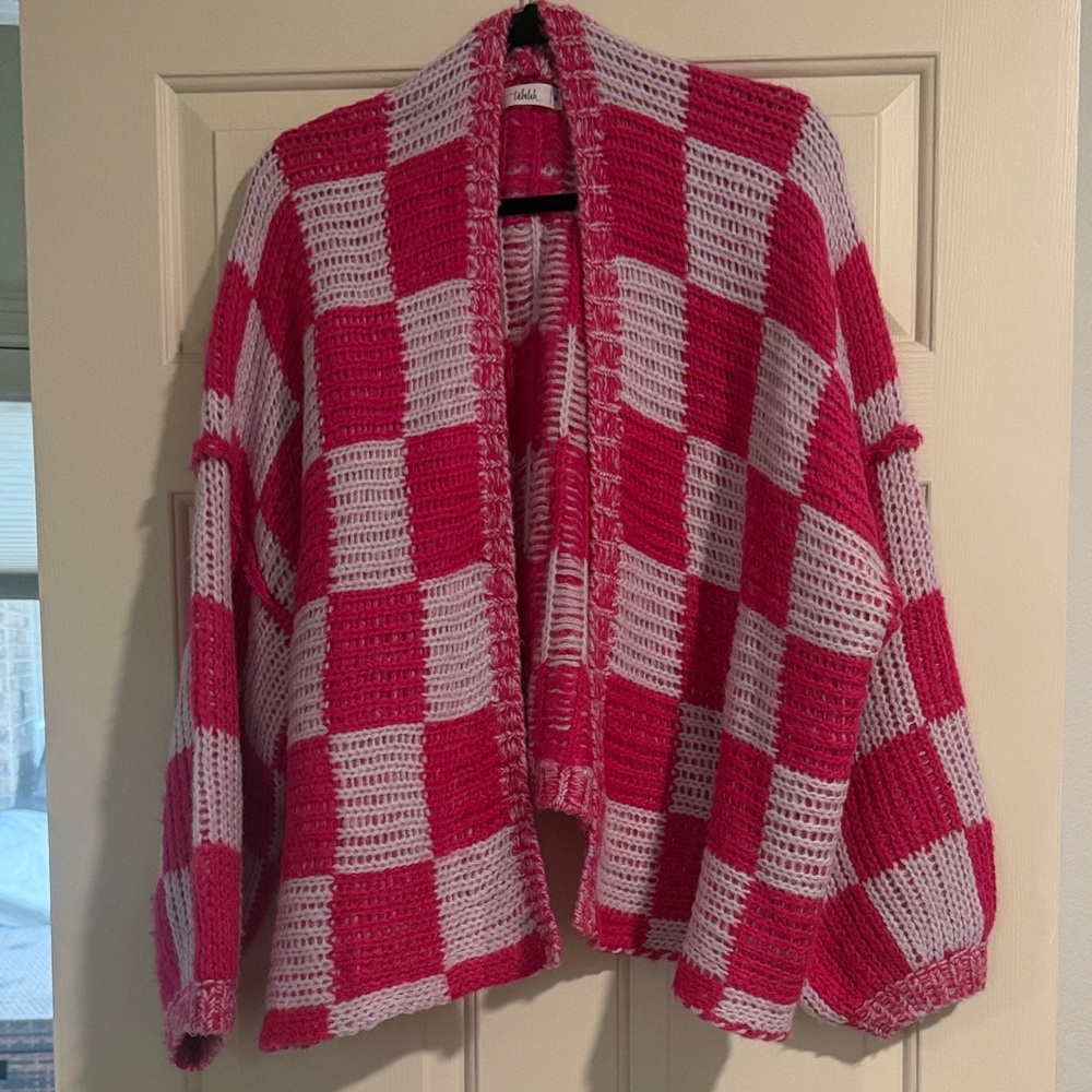 TALULAH Pink and White Checkered Cardigan